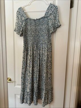 Smocked Floral Midi Dress in Blue and White
